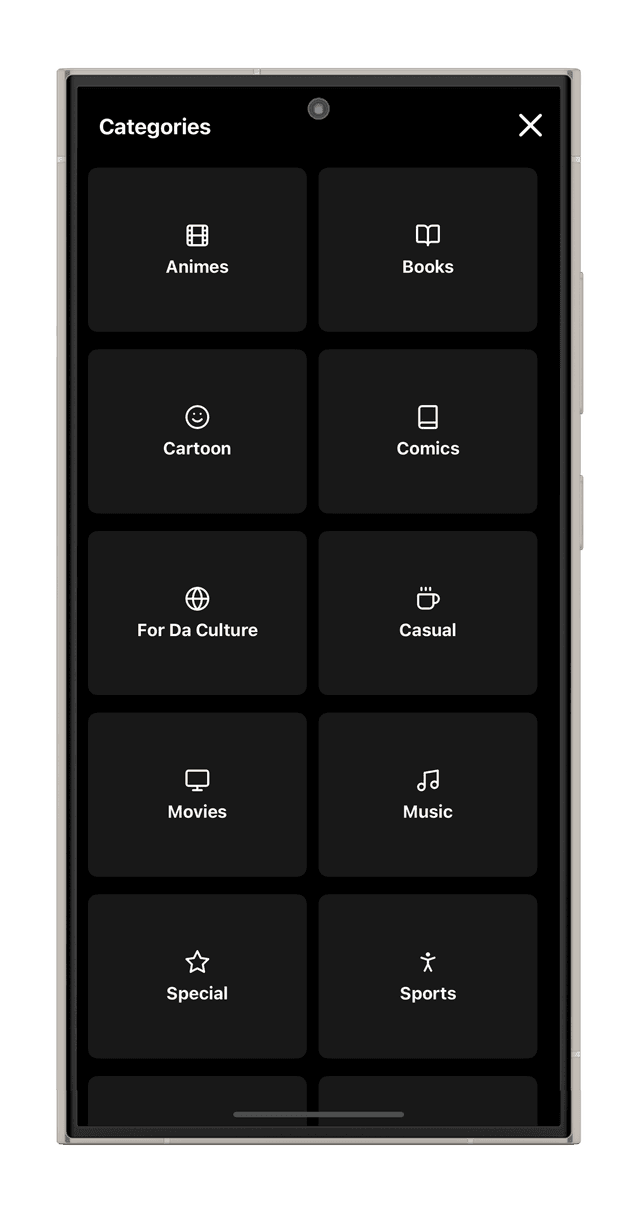 NANI fandom charades category selection across anime, games, movies
