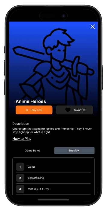 NANI fandom charades preview screen showcasing decks